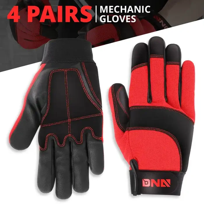 4 Pairs Black Microfiber Patch Mechanic Gloves Double Stitched Technology