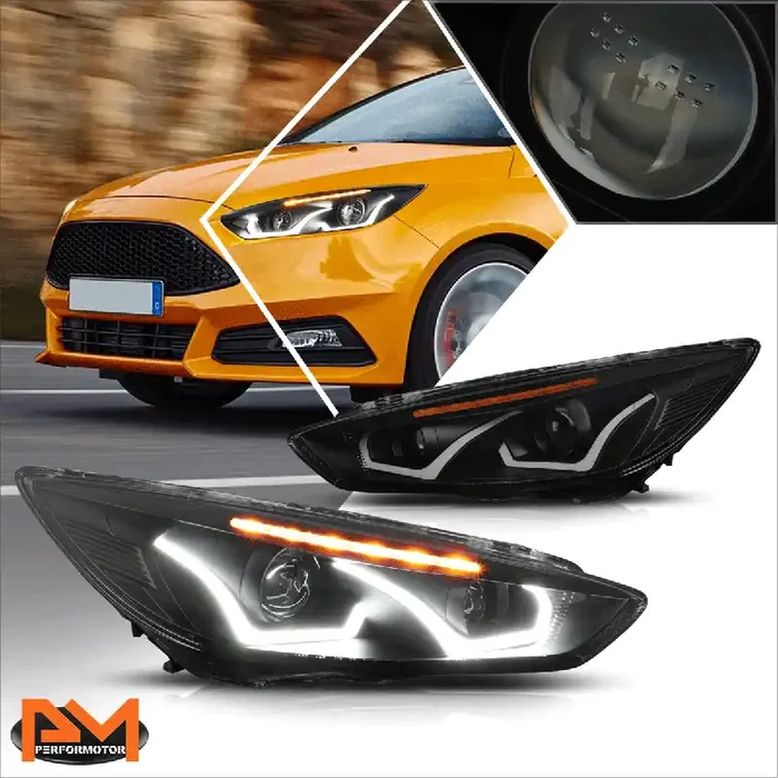 Black Housing LED DRL Halo Projector Headlights 15-17 Ford Focus