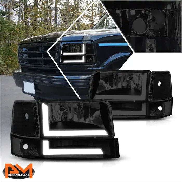 Black Housing LED DRL Headlights 92-96 Ford F-150 F-250 F-350 Bronco
