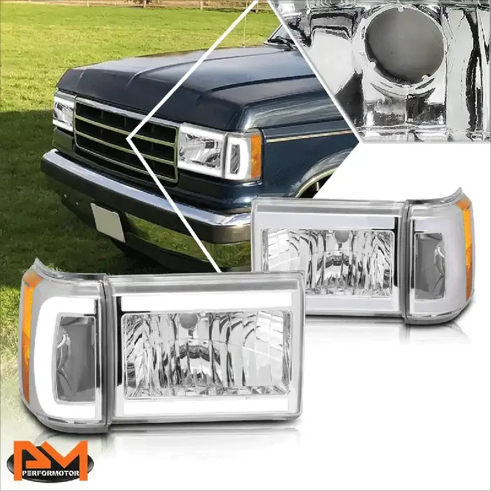 Chrome Housing LED DRL Headlights 87-91 Ford F-150 F-250 F-350 Bronco