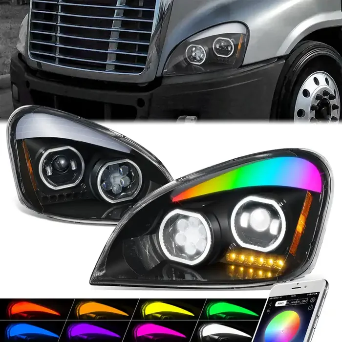 RGB LED DRL Halo Ring Projector Headlights 08-17 Freightliner Cascadia