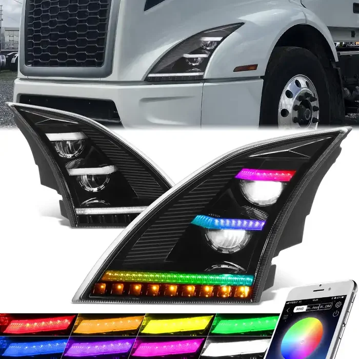 RGB LED DRL Sequential Turn Signal Headlights 18-21 Volvo VNL/VNR, VNL/VNR 300-400